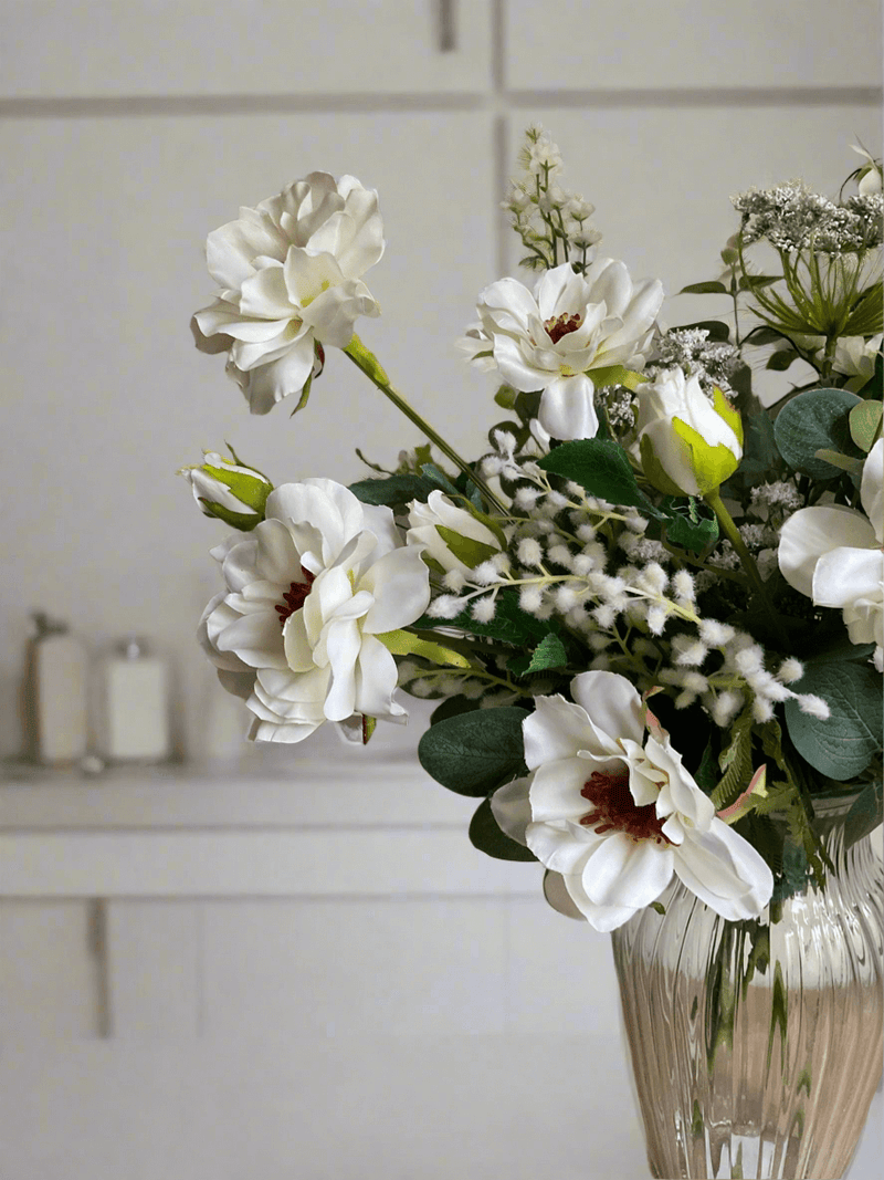 Luxury faux arrangement - Dahlia, eucalyptus and mimosa